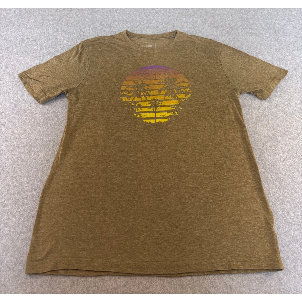 Vans Mens Medium Brown Heather Sunset Palm Tree Graphic Classic Fit T-Shirt Tee